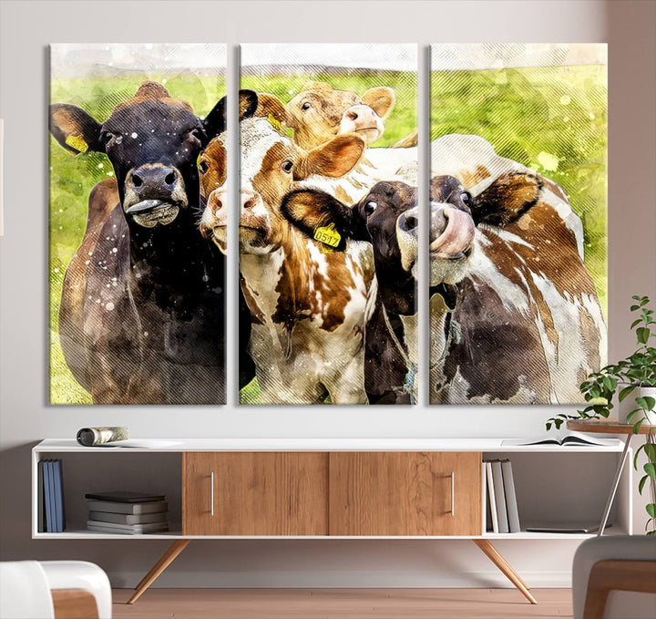 A charming triptych featuring the "Curious Cows Farmhouse Wall Art," a ready-to-hang and framed canvas print, adds a touch of rustic farm decor to the space.