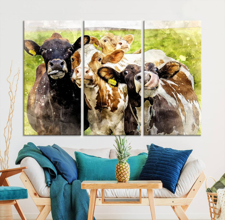 A charming triptych featuring the "Curious Cows Farmhouse Wall Art," a ready-to-hang and framed canvas print, adds a touch of rustic farm decor to the space.