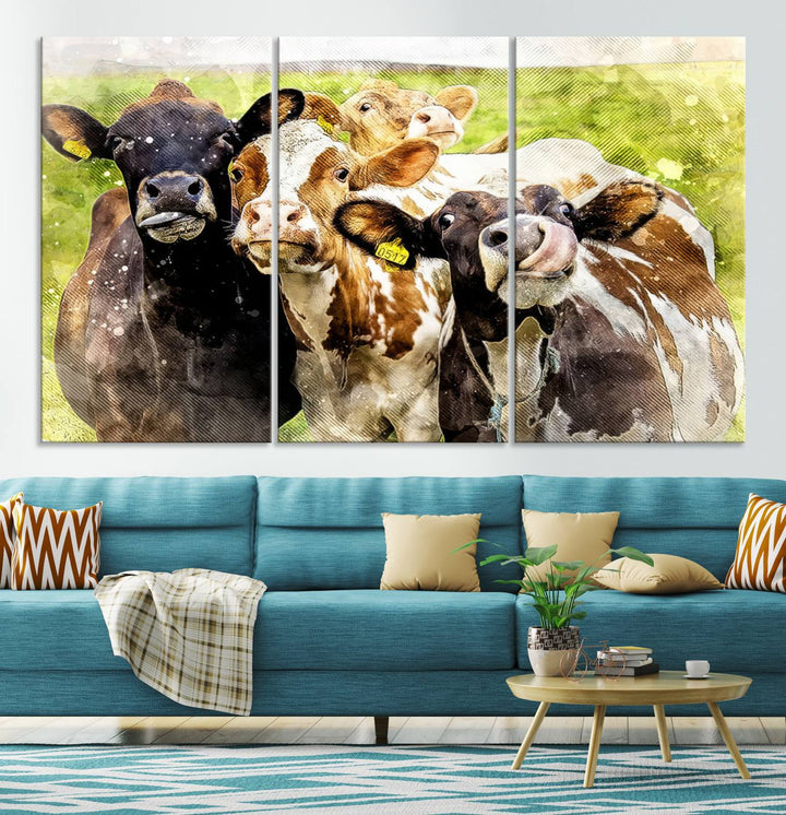 A charming triptych featuring the "Curious Cows Farmhouse Wall Art," a ready-to-hang and framed canvas print, adds a touch of rustic farm decor to the space.