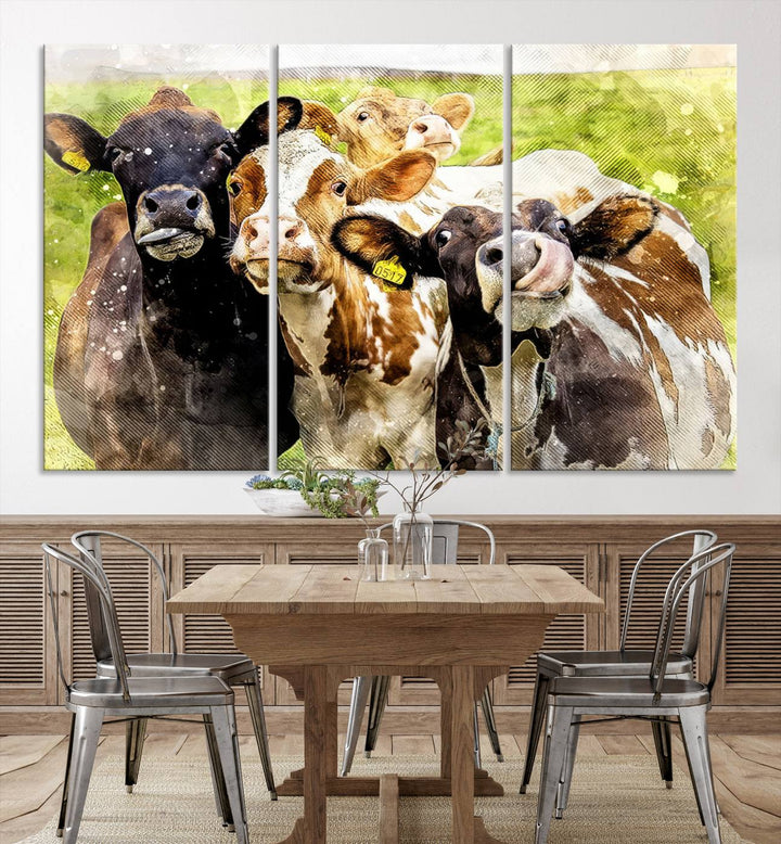 A charming triptych featuring the "Curious Cows Farmhouse Wall Art," a ready-to-hang and framed canvas print, adds a touch of rustic farm decor to the space.