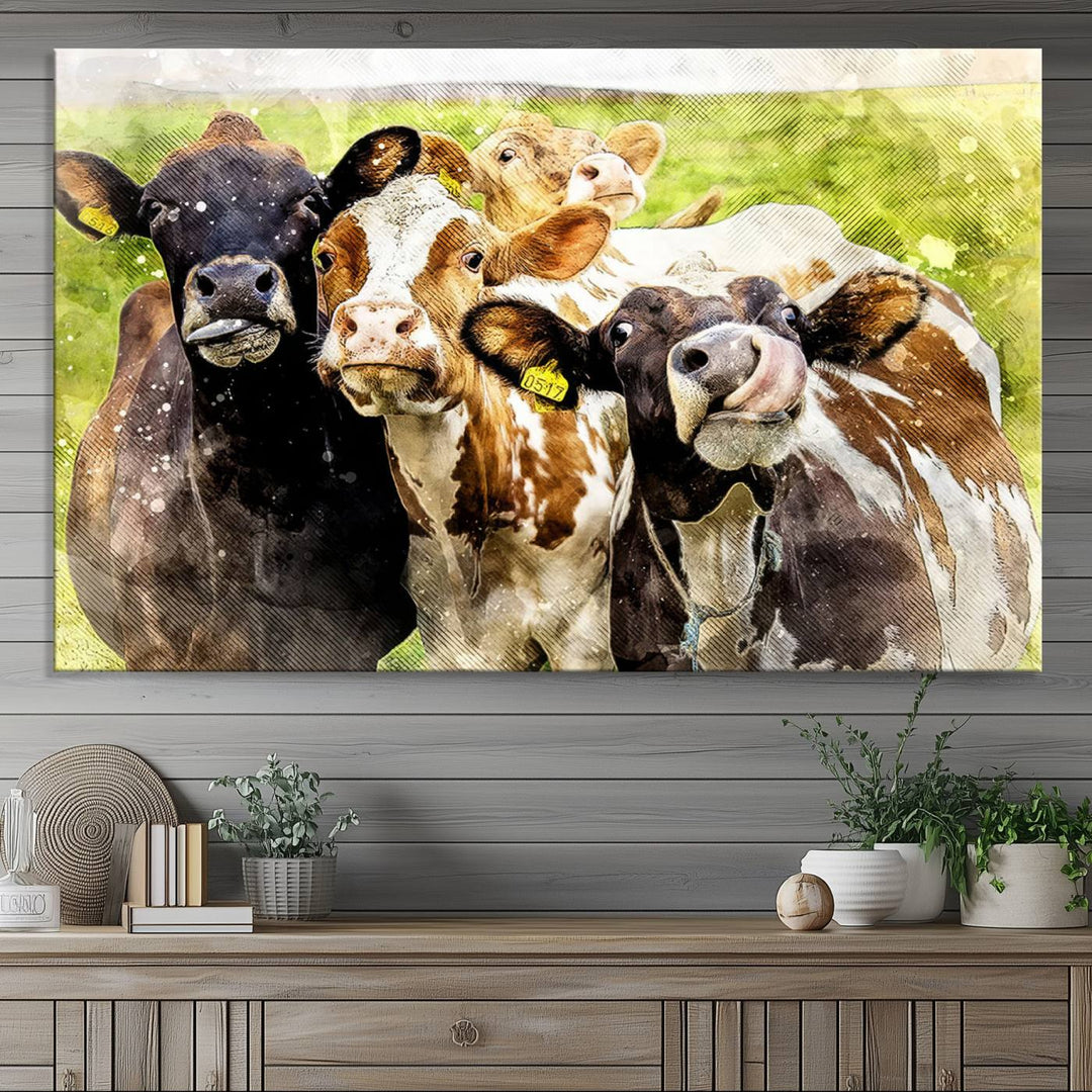 A charming triptych featuring the "Curious Cows Farmhouse Wall Art," a ready-to-hang and framed canvas print, adds a touch of rustic farm decor to the space.