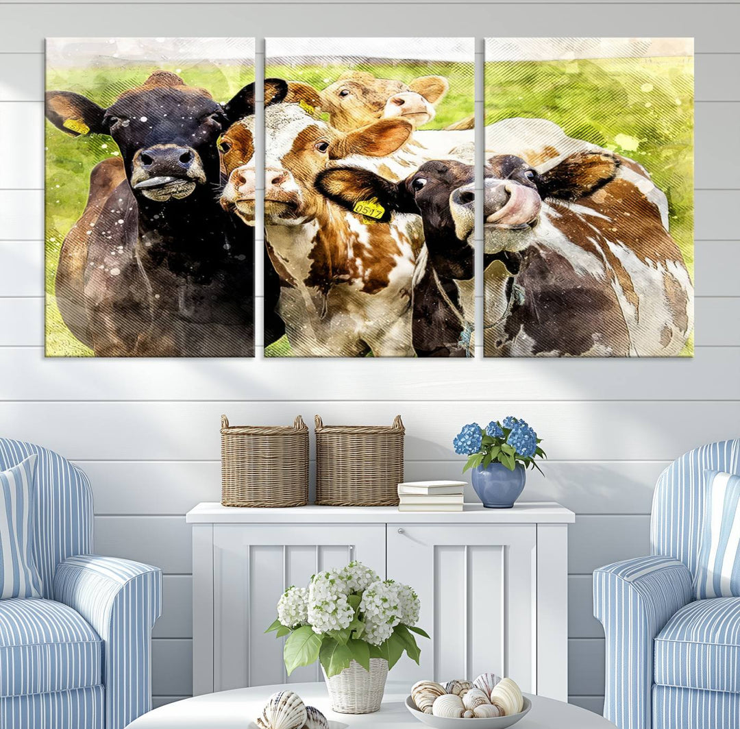 A charming triptych featuring the "Curious Cows Farmhouse Wall Art," a ready-to-hang and framed canvas print, adds a touch of rustic farm decor to the space.