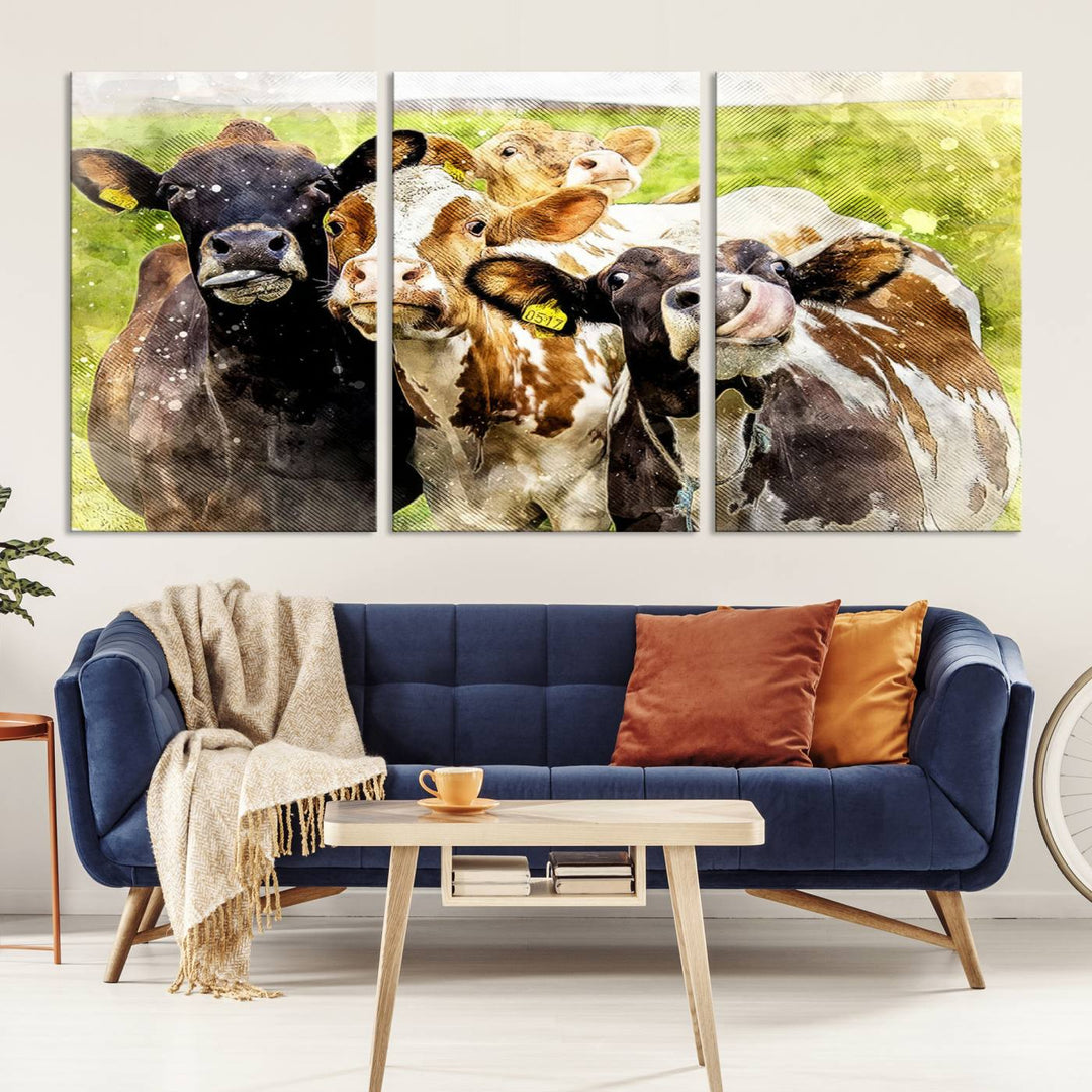 A charming triptych featuring the "Curious Cows Farmhouse Wall Art," a ready-to-hang and framed canvas print, adds a touch of rustic farm decor to the space.