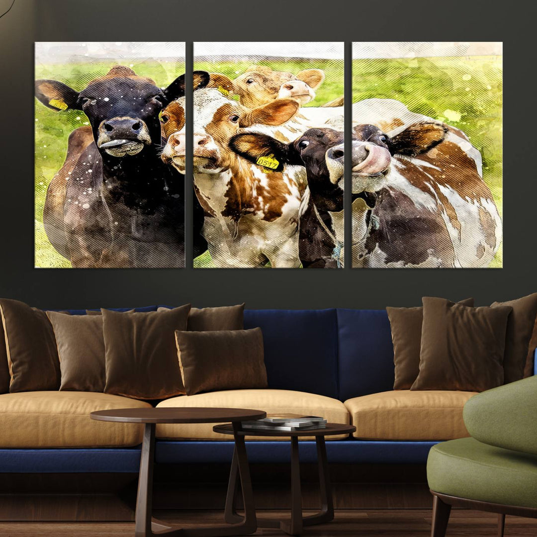 A charming triptych featuring the "Curious Cows Farmhouse Wall Art," a ready-to-hang and framed canvas print, adds a touch of rustic farm decor to the space.