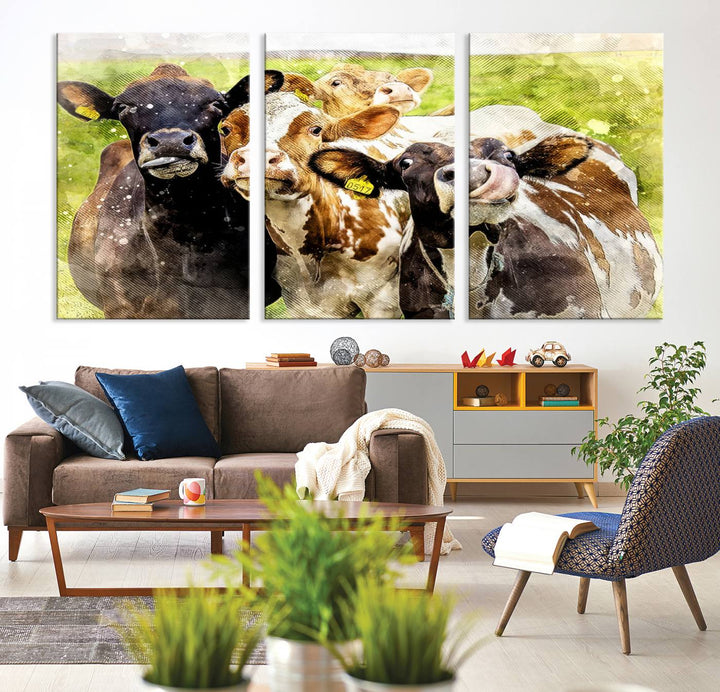 A charming triptych featuring the "Curious Cows Farmhouse Wall Art," a ready-to-hang and framed canvas print, adds a touch of rustic farm decor to the space.