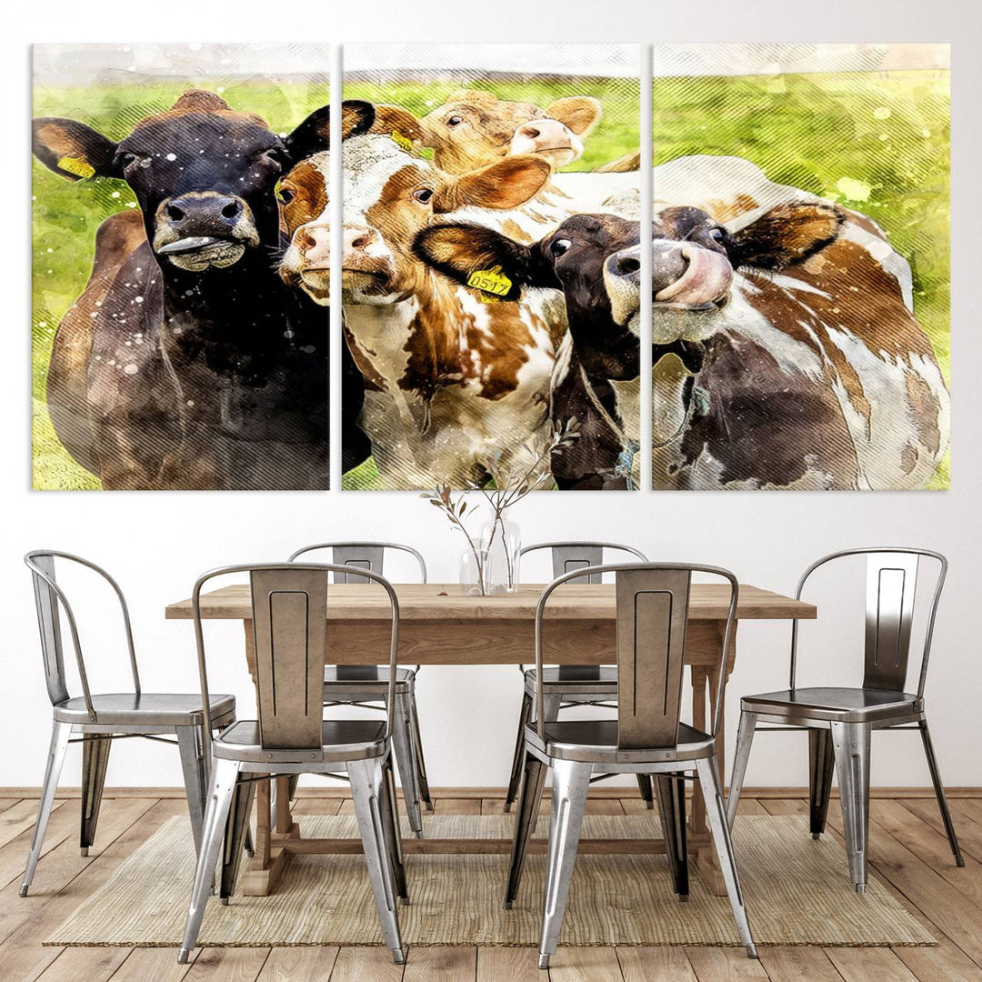 A charming triptych featuring the "Curious Cows Farmhouse Wall Art," a ready-to-hang and framed canvas print, adds a touch of rustic farm decor to the space.