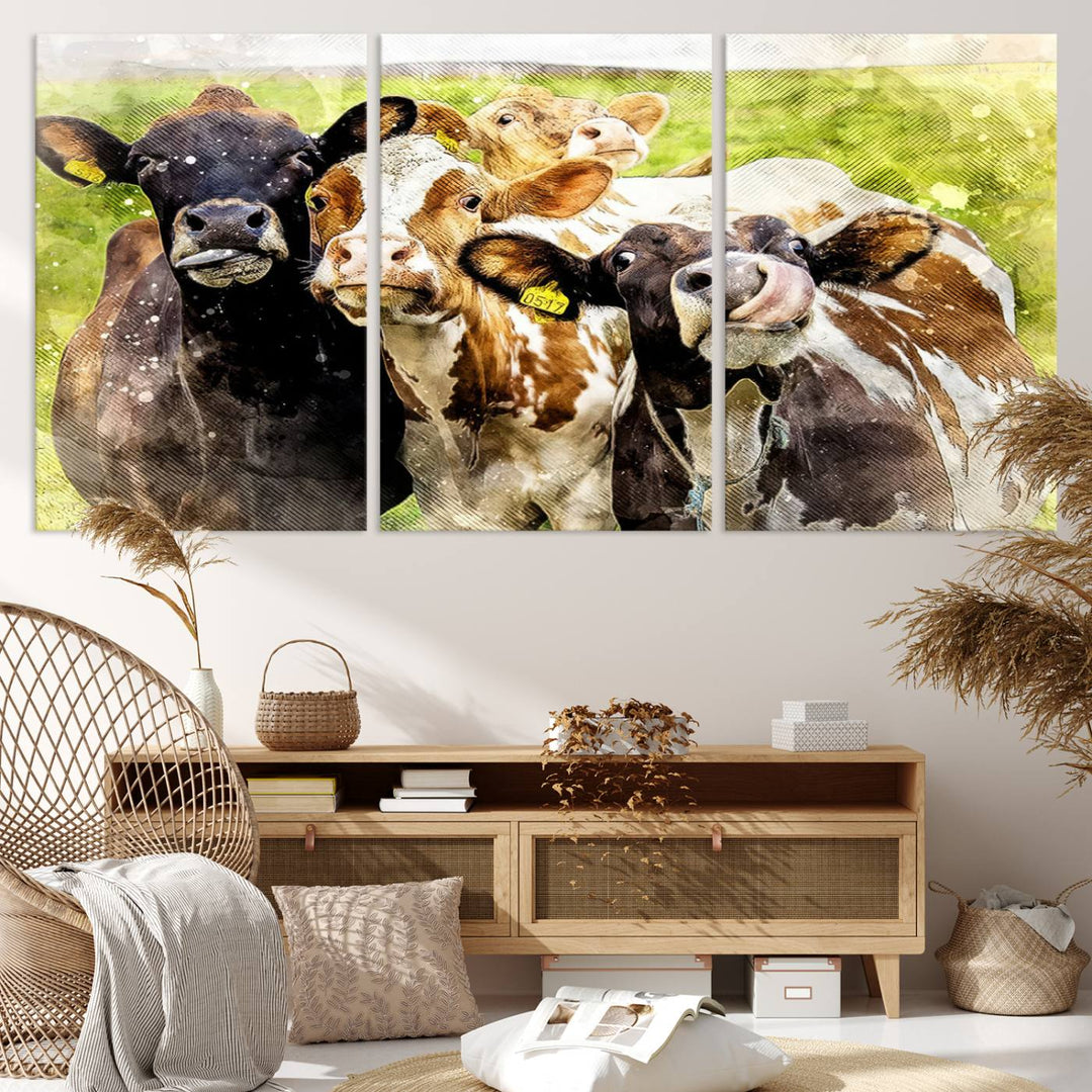 A charming triptych featuring the "Curious Cows Farmhouse Wall Art," a ready-to-hang and framed canvas print, adds a touch of rustic farm decor to the space.