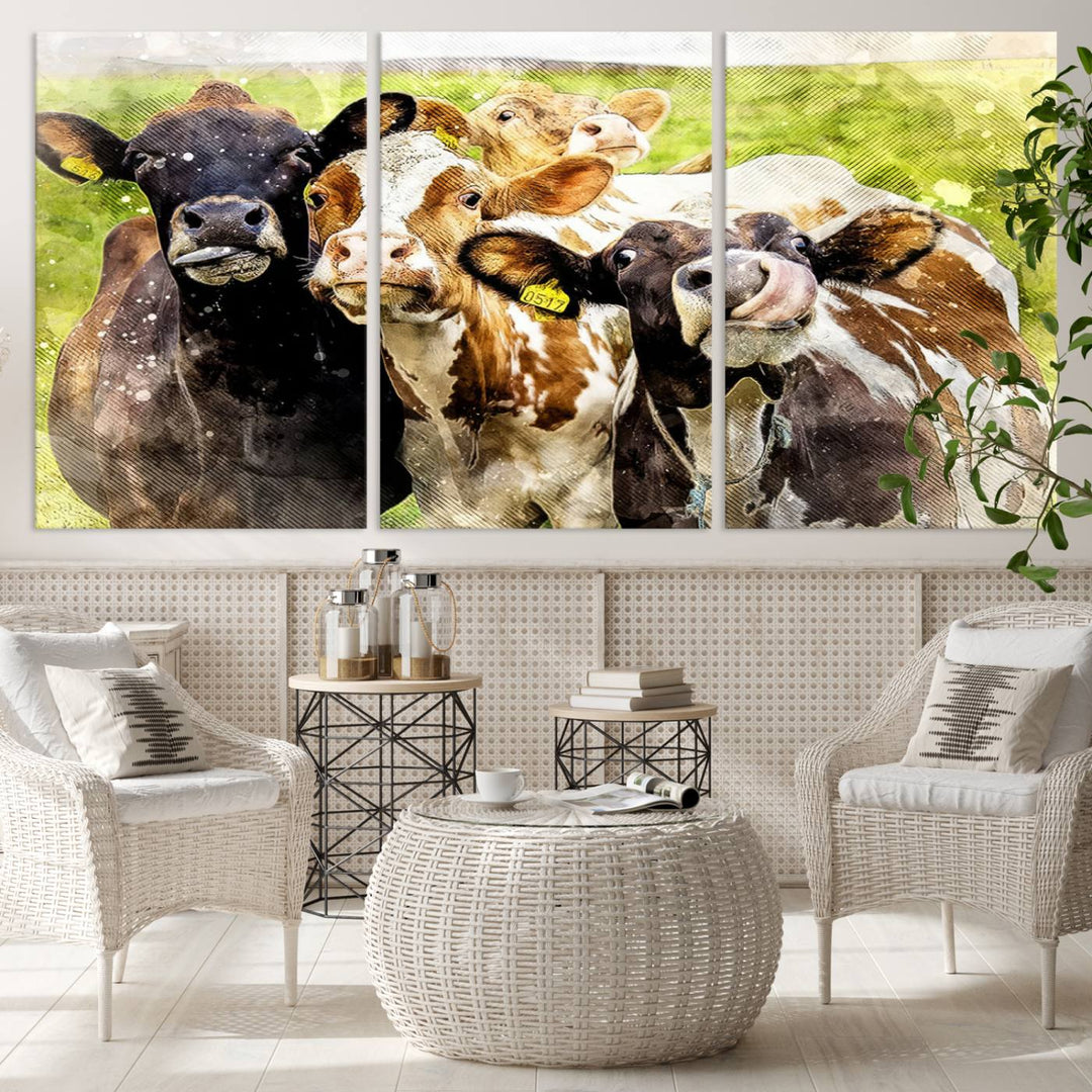 A charming triptych featuring the "Curious Cows Farmhouse Wall Art," a ready-to-hang and framed canvas print, adds a touch of rustic farm decor to the space.