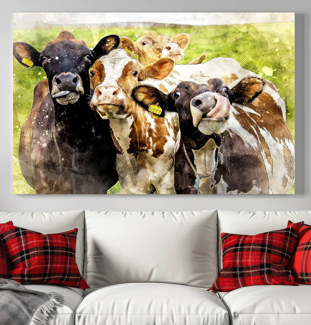 A charming triptych featuring the "Curious Cows Farmhouse Wall Art," a ready-to-hang and framed canvas print, adds a touch of rustic farm decor to the space.