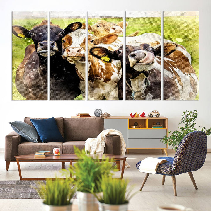 A charming triptych featuring the "Curious Cows Farmhouse Wall Art," a ready-to-hang and framed canvas print, adds a touch of rustic farm decor to the space.