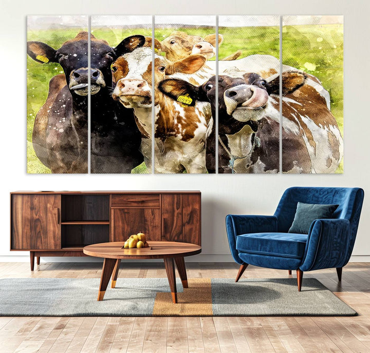 A charming triptych featuring the "Curious Cows Farmhouse Wall Art," a ready-to-hang and framed canvas print, adds a touch of rustic farm decor to the space.