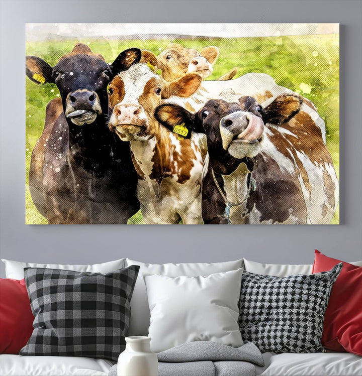 A charming triptych featuring the "Curious Cows Farmhouse Wall Art," a ready-to-hang and framed canvas print, adds a touch of rustic farm decor to the space.