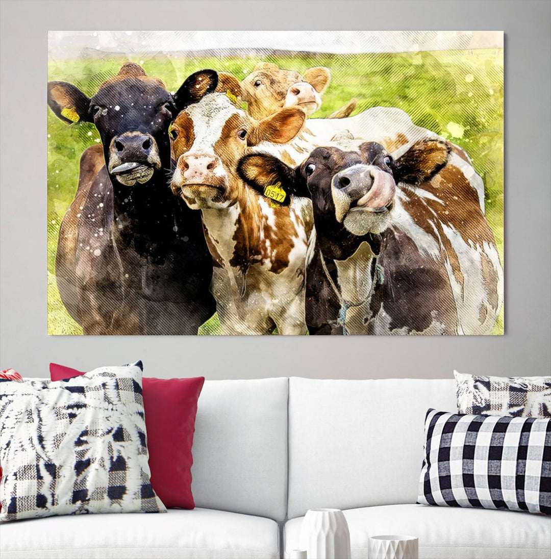 A charming triptych featuring the "Curious Cows Farmhouse Wall Art," a ready-to-hang and framed canvas print, adds a touch of rustic farm decor to the space.