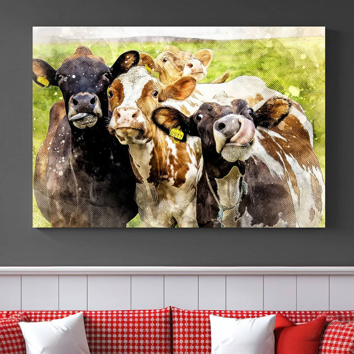 A charming triptych featuring the "Curious Cows Farmhouse Wall Art," a ready-to-hang and framed canvas print, adds a touch of rustic farm decor to the space.