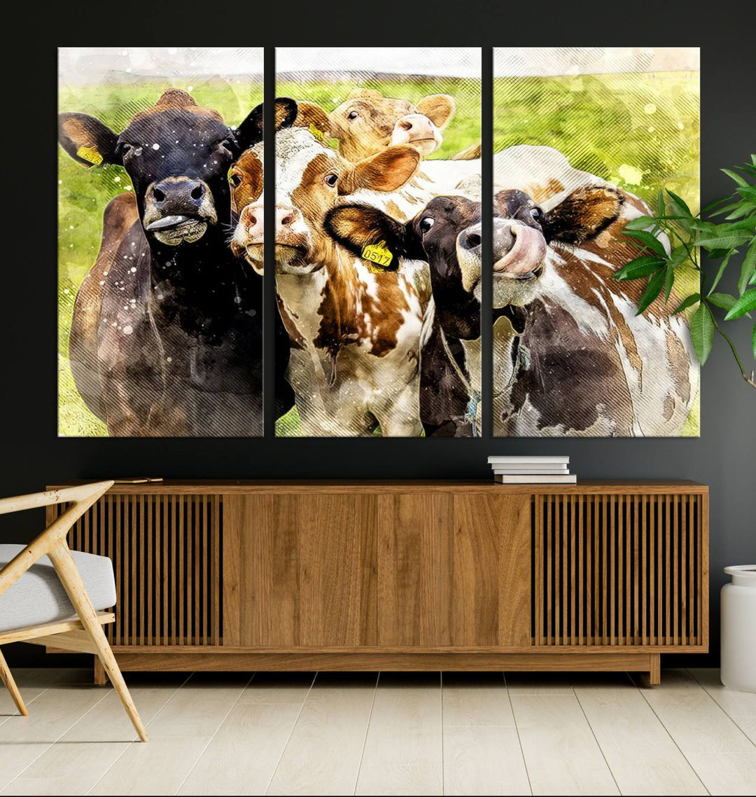 A charming triptych featuring the "Curious Cows Farmhouse Wall Art," a ready-to-hang and framed canvas print, adds a touch of rustic farm decor to the space.