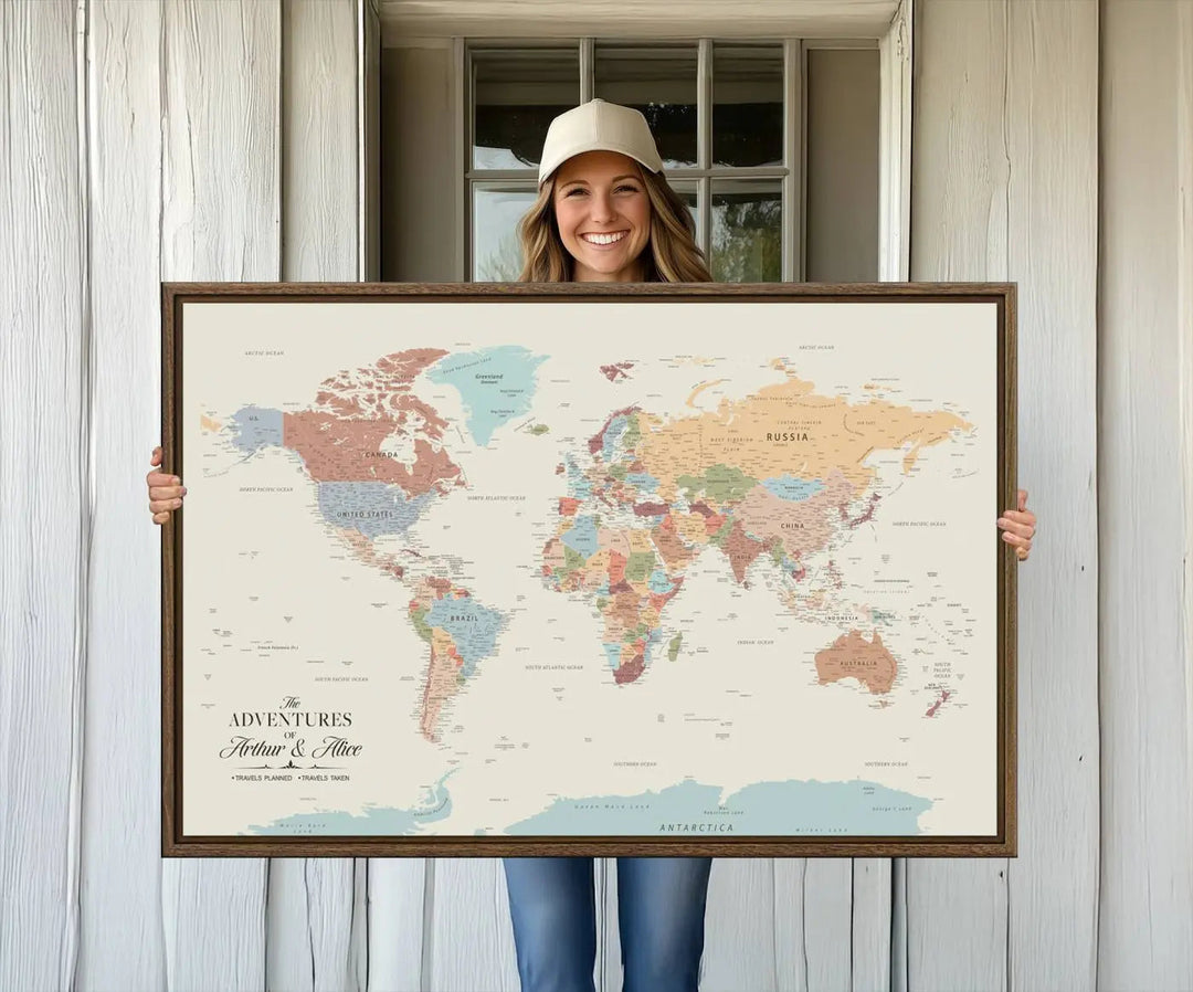 A large framed "Custom World Map Wall Art Canvas Print - Personalized World Map Wall Art, Customize Wall Art Map Print" is displayed against a wooden wall.