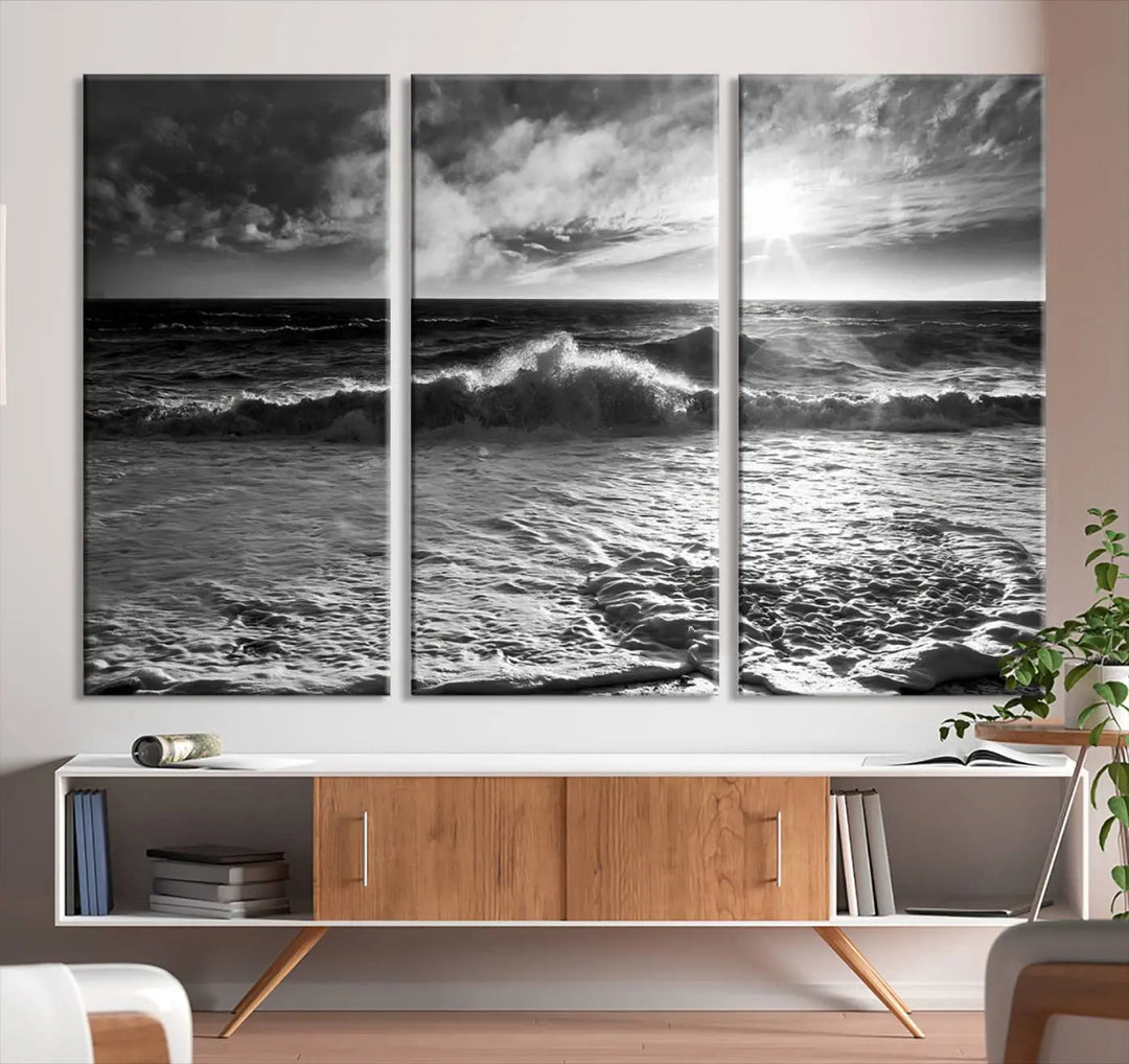 The room features the "Dark Ocean Wave on Beach" wall art canvas print. These museum-quality pieces are produced with high-resolution printing on canvas, providing an elegant touch to the space.