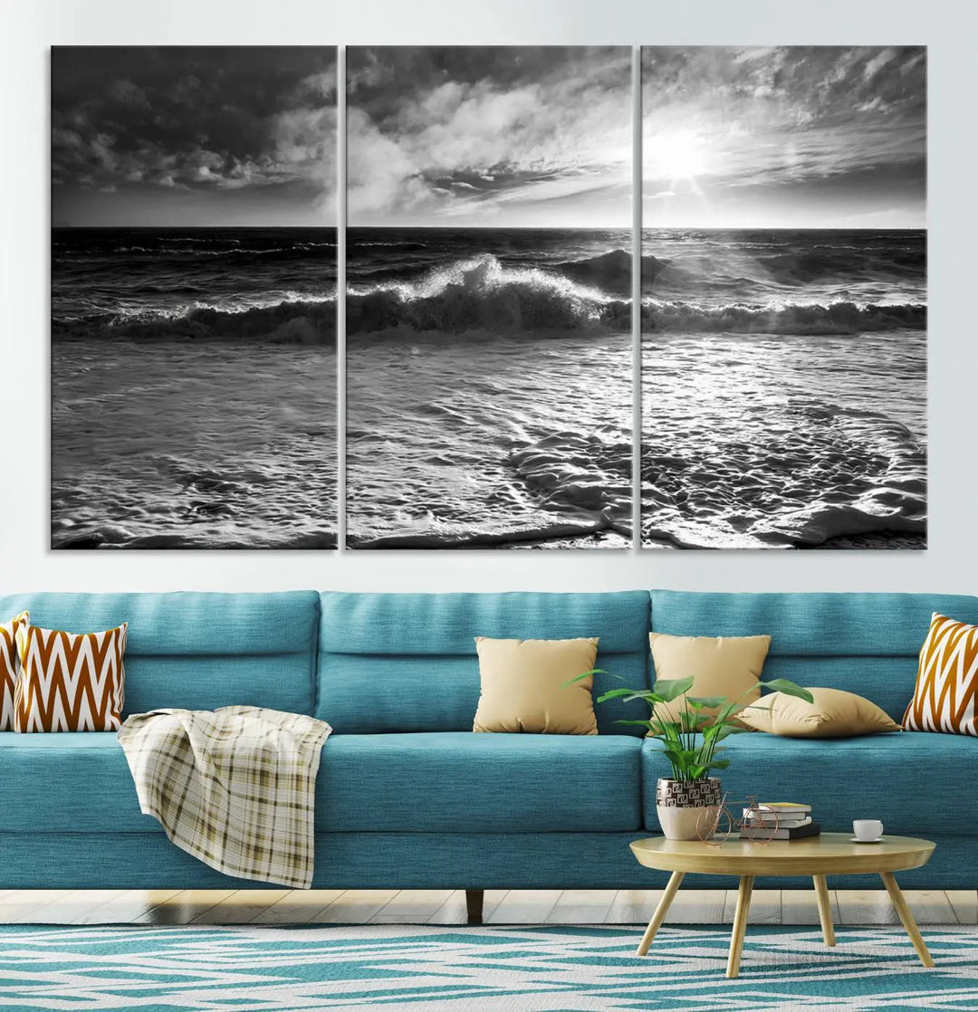 The room features the "Dark Ocean Wave on Beach" wall art canvas print. These museum-quality pieces are produced with high-resolution printing on canvas, providing an elegant touch to the space.