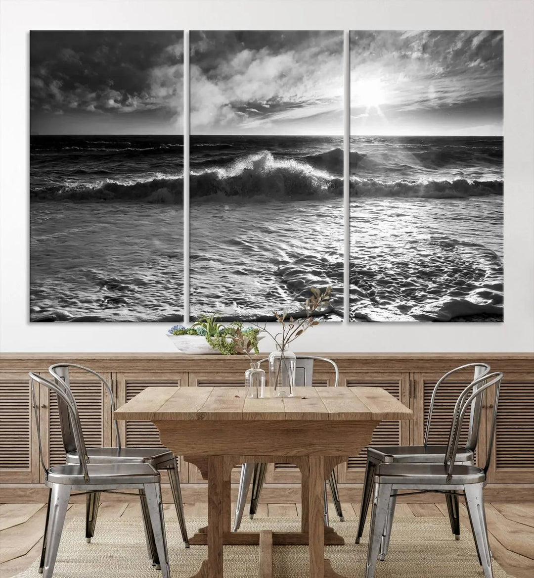 The room features the "Dark Ocean Wave on Beach" wall art canvas print. These museum-quality pieces are produced with high-resolution printing on canvas, providing an elegant touch to the space.