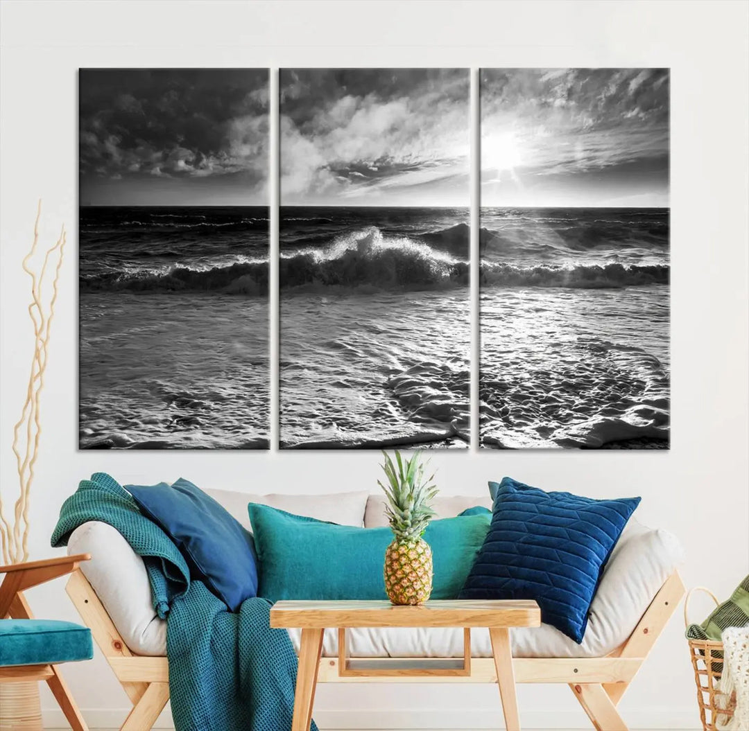 The room features the "Dark Ocean Wave on Beach" wall art canvas print. These museum-quality pieces are produced with high-resolution printing on canvas, providing an elegant touch to the space.