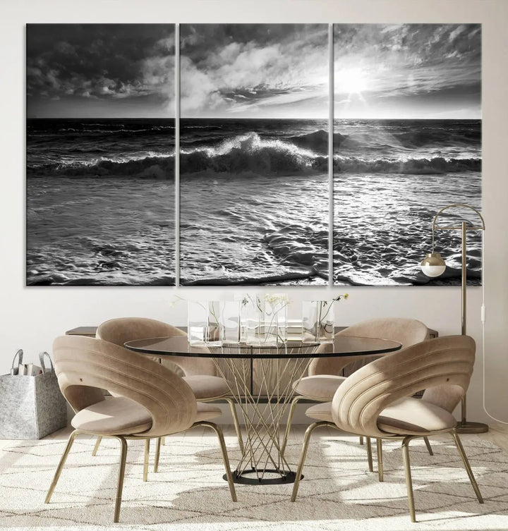 The room features the "Dark Ocean Wave on Beach" wall art canvas print. These museum-quality pieces are produced with high-resolution printing on canvas, providing an elegant touch to the space.