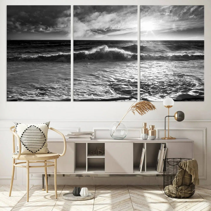 The room features the "Dark Ocean Wave on Beach" wall art canvas print. These museum-quality pieces are produced with high-resolution printing on canvas, providing an elegant touch to the space.