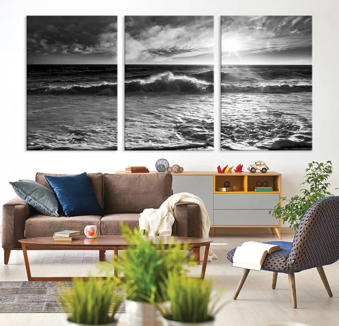 The room features the "Dark Ocean Wave on Beach" wall art canvas print. These museum-quality pieces are produced with high-resolution printing on canvas, providing an elegant touch to the space.