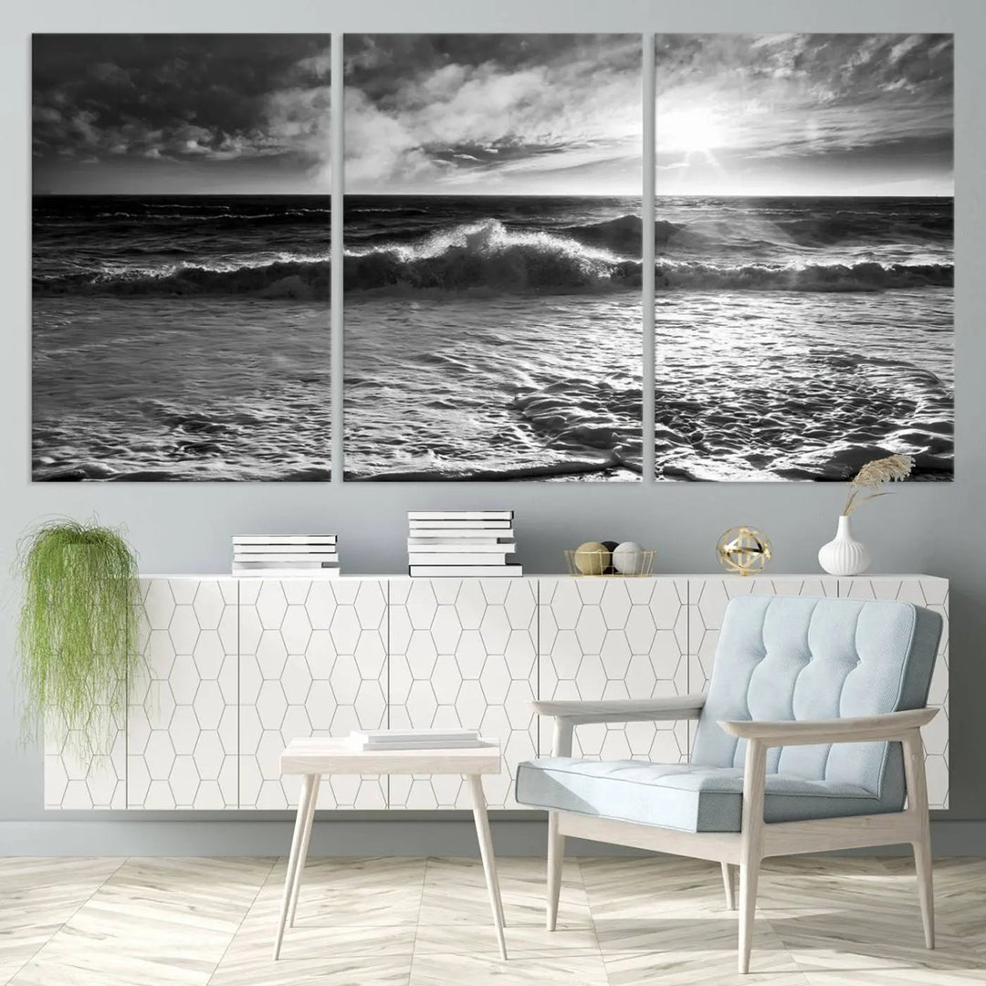 The room features the "Dark Ocean Wave on Beach" wall art canvas print. These museum-quality pieces are produced with high-resolution printing on canvas, providing an elegant touch to the space.