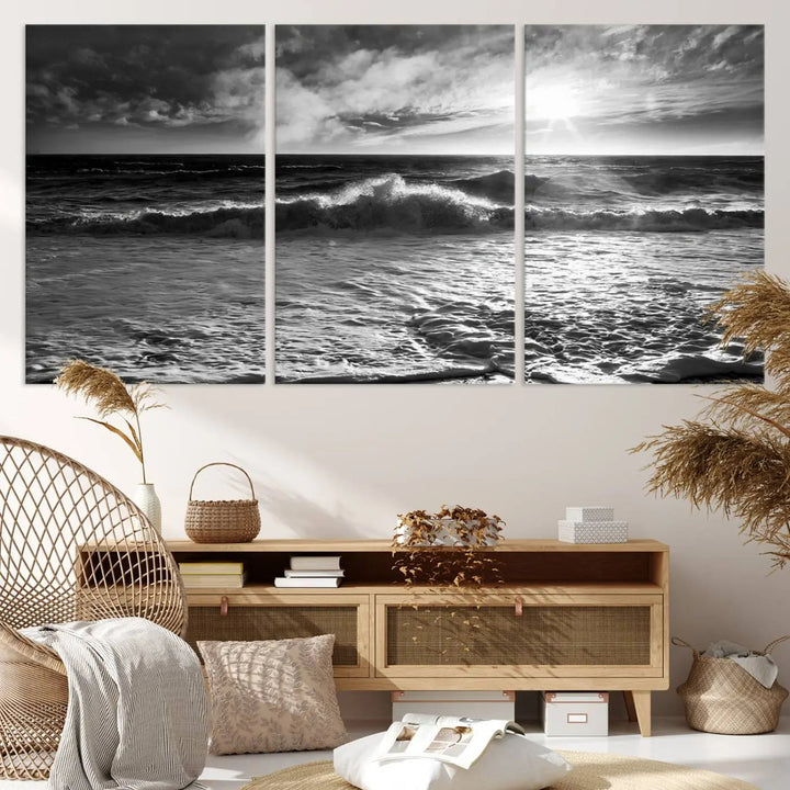 The room features the "Dark Ocean Wave on Beach" wall art canvas print. These museum-quality pieces are produced with high-resolution printing on canvas, providing an elegant touch to the space.