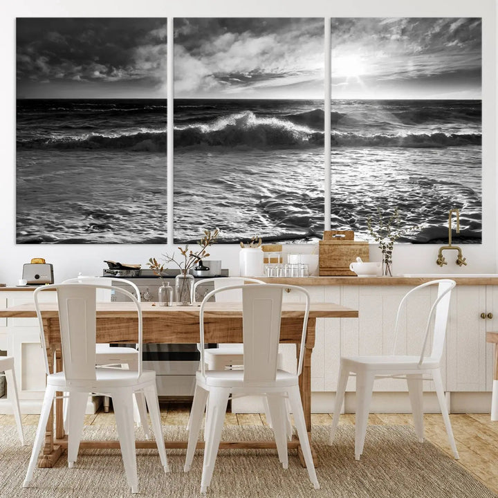 The room features the "Dark Ocean Wave on Beach" wall art canvas print. These museum-quality pieces are produced with high-resolution printing on canvas, providing an elegant touch to the space.