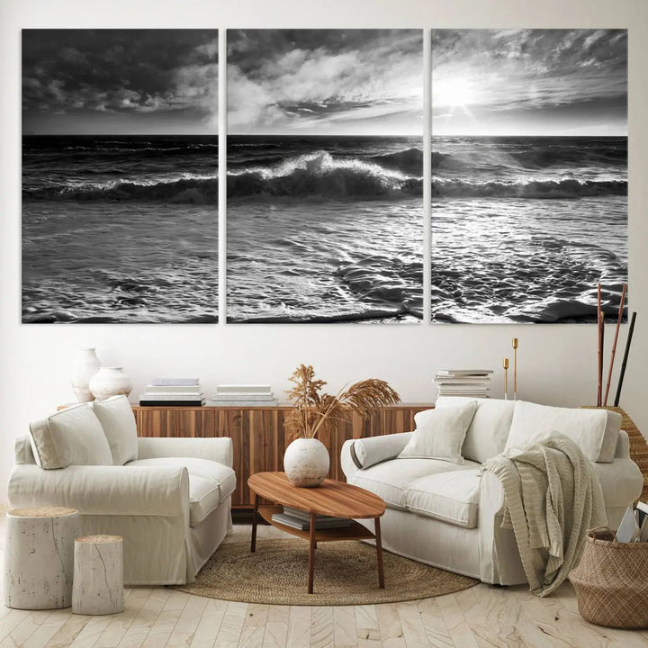 The room features the "Dark Ocean Wave on Beach" wall art canvas print. These museum-quality pieces are produced with high-resolution printing on canvas, providing an elegant touch to the space.