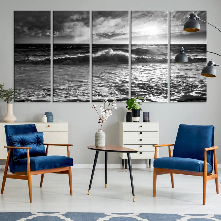 The room features the "Dark Ocean Wave on Beach" wall art canvas print. These museum-quality pieces are produced with high-resolution printing on canvas, providing an elegant touch to the space.