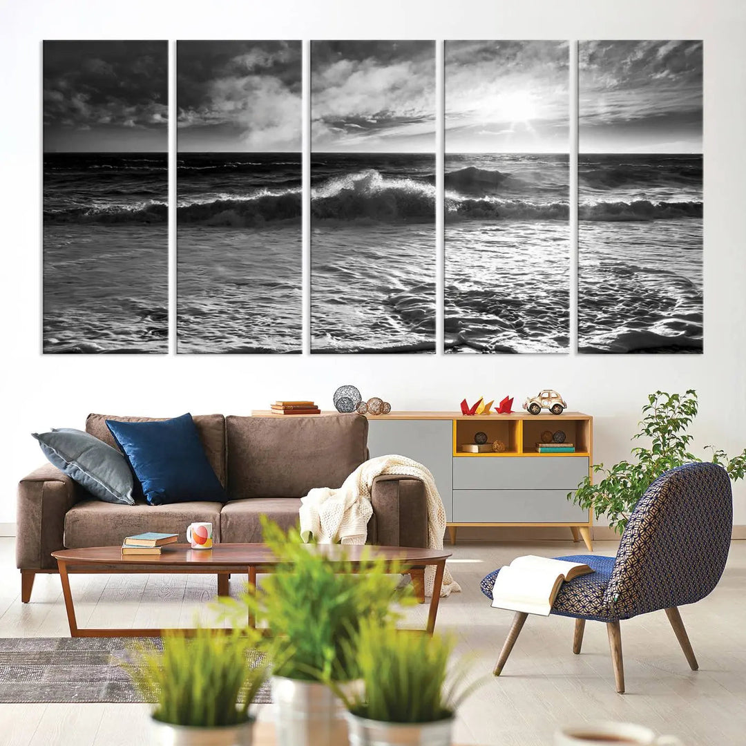 The room features the "Dark Ocean Wave on Beach" wall art canvas print. These museum-quality pieces are produced with high-resolution printing on canvas, providing an elegant touch to the space.