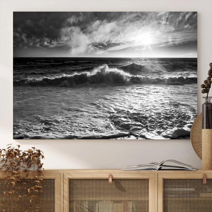 The room features the "Dark Ocean Wave on Beach" wall art canvas print. These museum-quality pieces are produced with high-resolution printing on canvas, providing an elegant touch to the space.