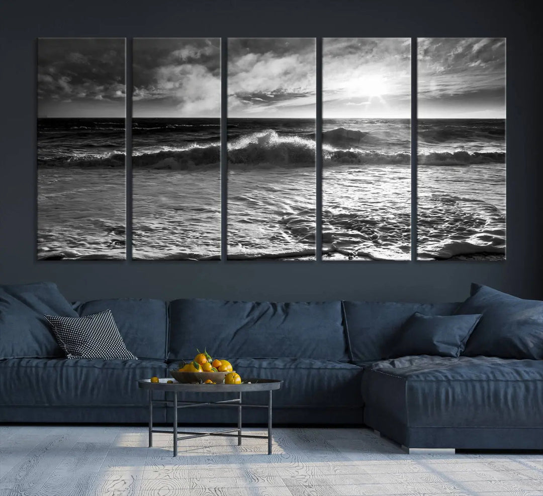 The room features the "Dark Ocean Wave on Beach" wall art canvas print. These museum-quality pieces are produced with high-resolution printing on canvas, providing an elegant touch to the space.