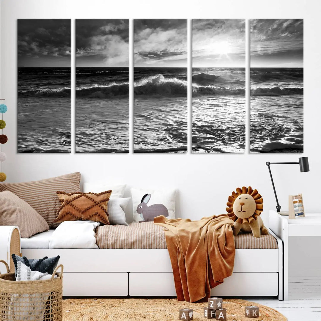 The room features the "Dark Ocean Wave on Beach" wall art canvas print. These museum-quality pieces are produced with high-resolution printing on canvas, providing an elegant touch to the space.