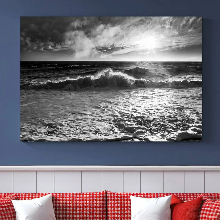 The room features the "Dark Ocean Wave on Beach" wall art canvas print. These museum-quality pieces are produced with high-resolution printing on canvas, providing an elegant touch to the space.