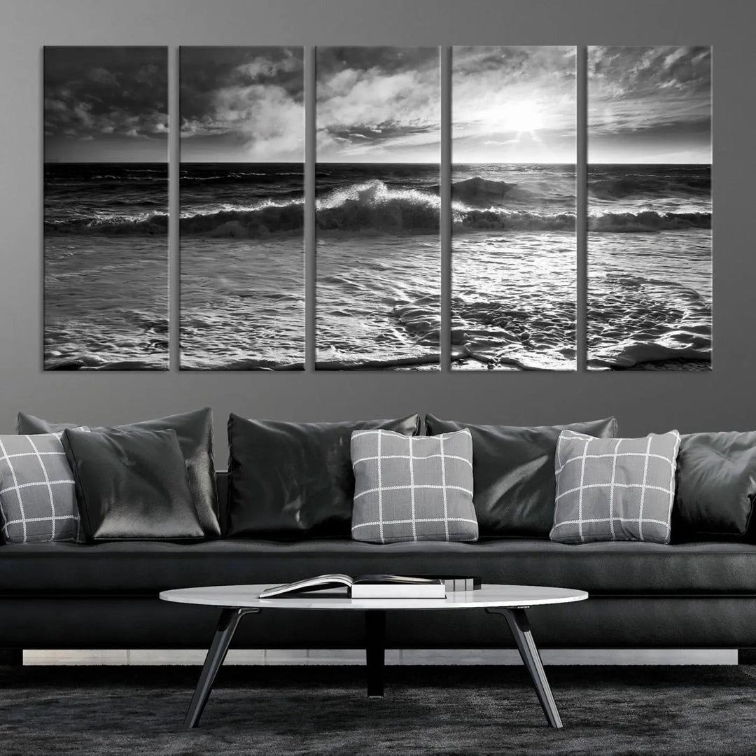 The room features the "Dark Ocean Wave on Beach" wall art canvas print. These museum-quality pieces are produced with high-resolution printing on canvas, providing an elegant touch to the space.