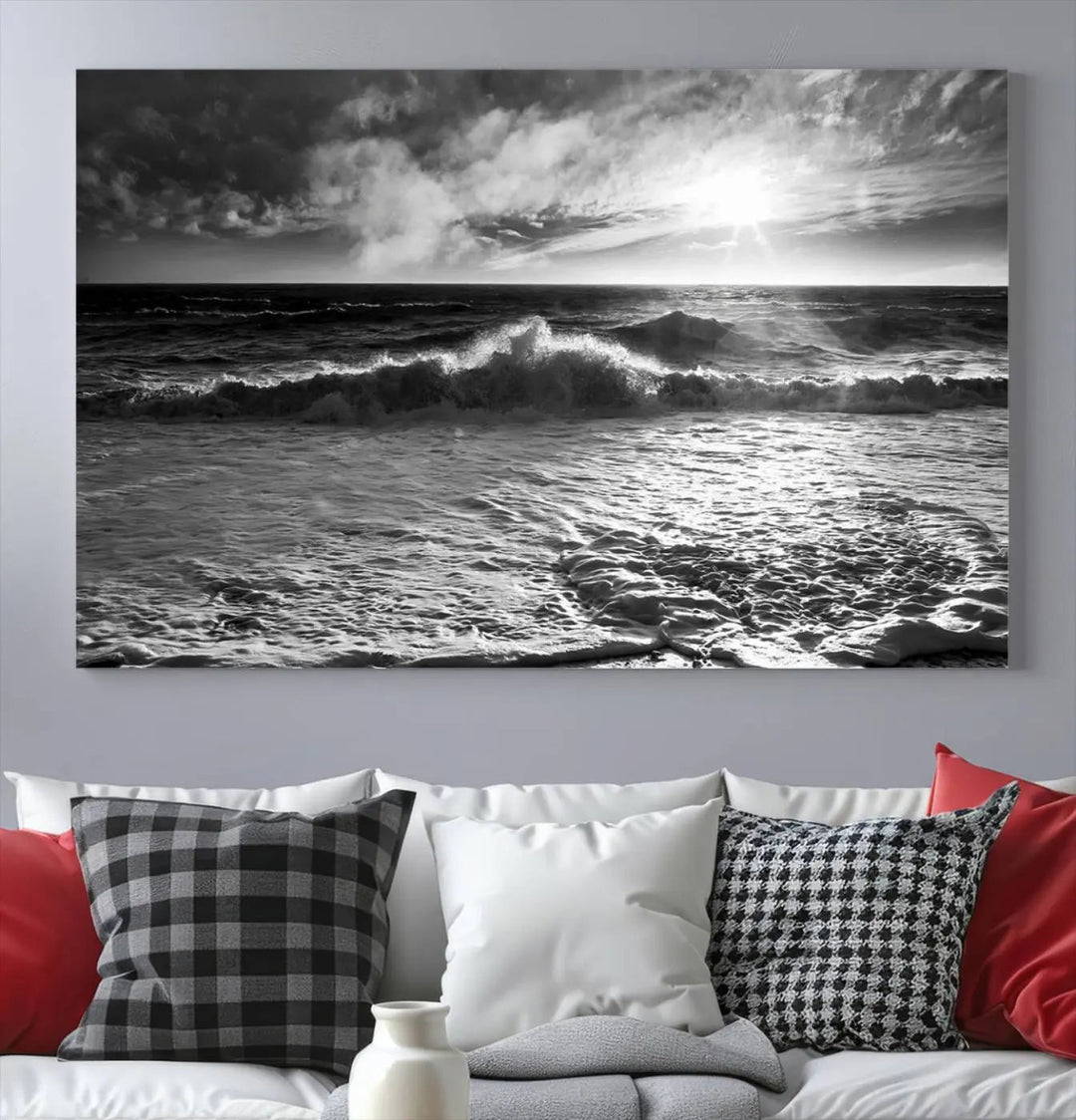 The room features the "Dark Ocean Wave on Beach" wall art canvas print. These museum-quality pieces are produced with high-resolution printing on canvas, providing an elegant touch to the space.