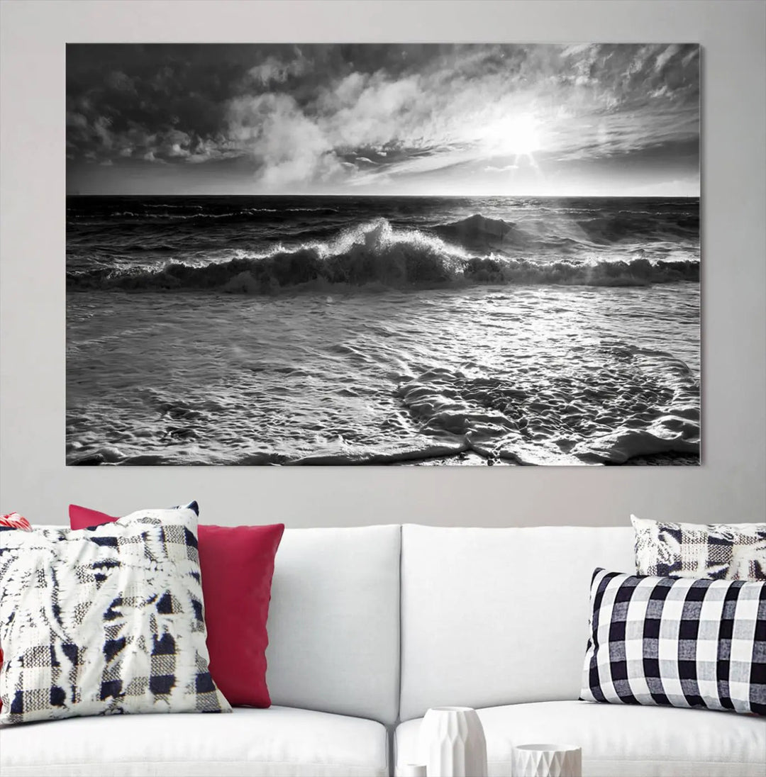 The room features the "Dark Ocean Wave on Beach" wall art canvas print. These museum-quality pieces are produced with high-resolution printing on canvas, providing an elegant touch to the space.