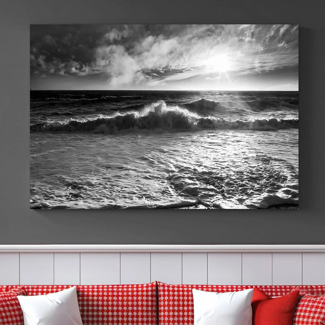 The room features the "Dark Ocean Wave on Beach" wall art canvas print. These museum-quality pieces are produced with high-resolution printing on canvas, providing an elegant touch to the space.