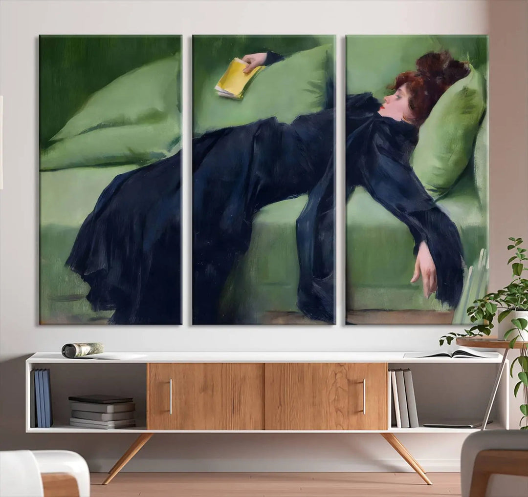 The "Decadent Girl by Ramon Casas" wall art canvas print, also known as the "Decadent Woman Resting," depicts a vintage scene of a woman reclining elegantly.