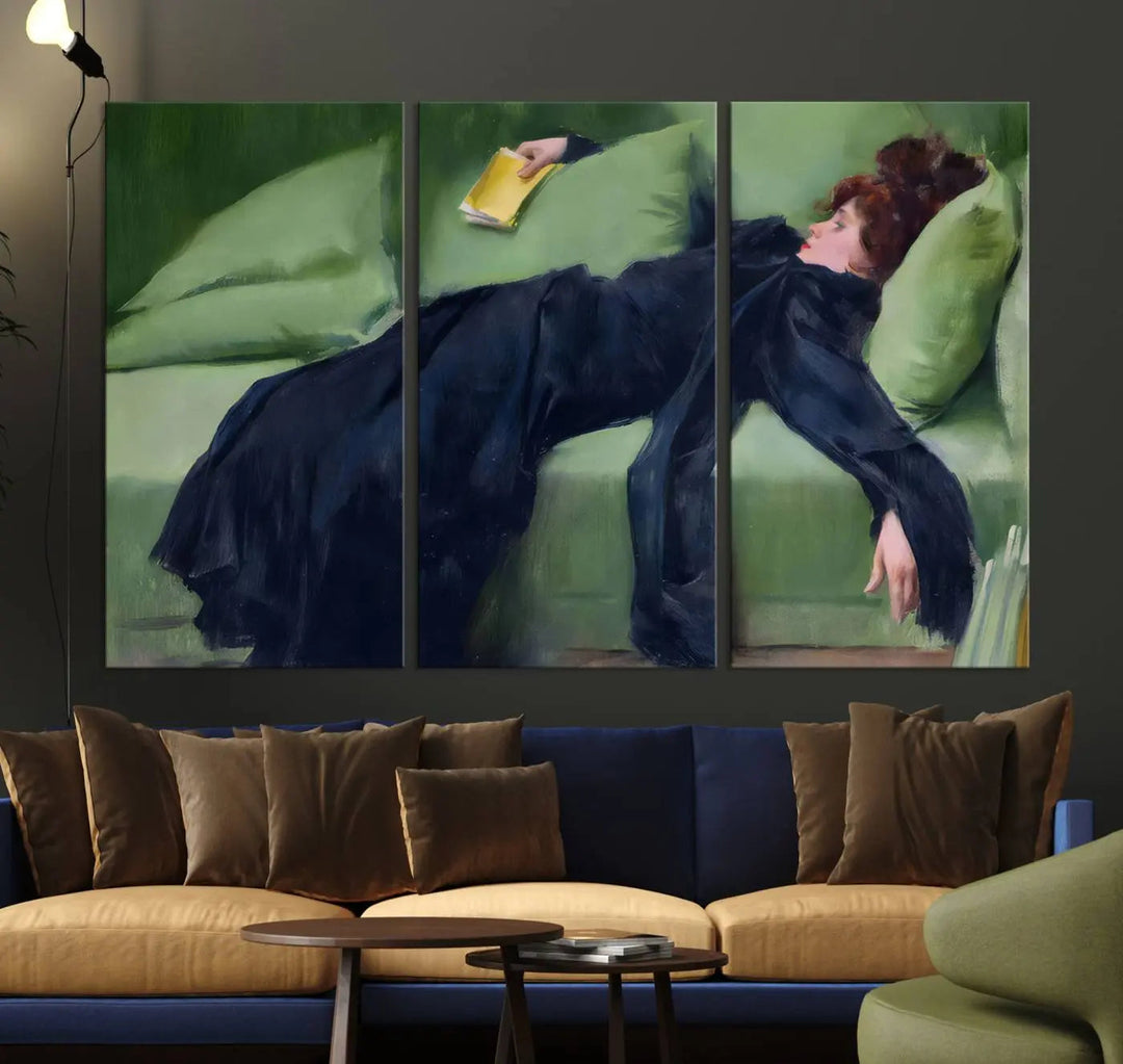 The "Decadent Girl by Ramon Casas" wall art canvas print, also known as the "Decadent Woman Resting," depicts a vintage scene of a woman reclining elegantly.