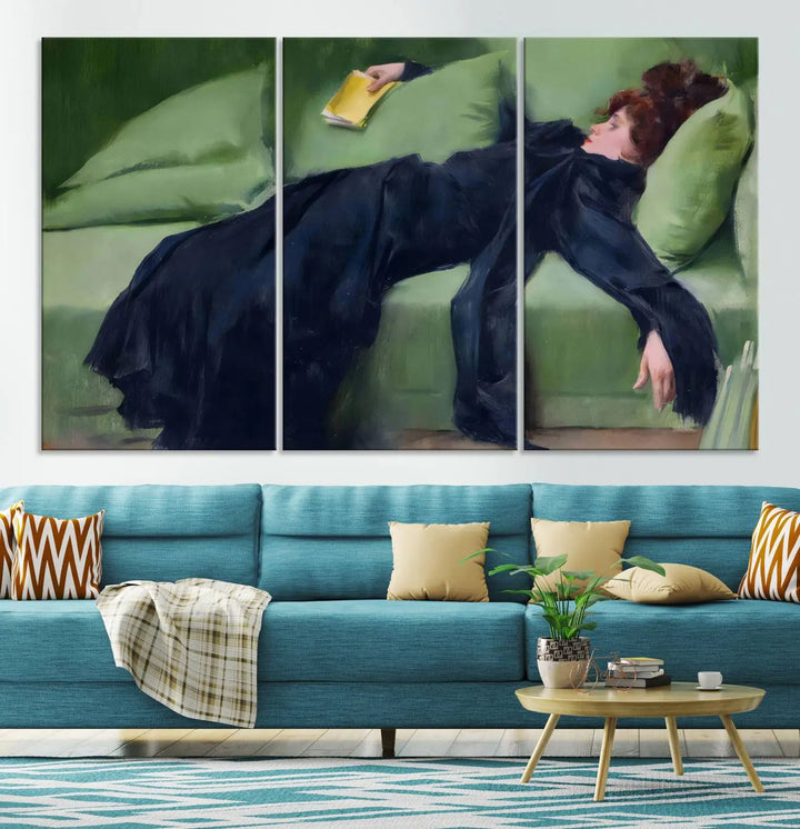 The "Decadent Girl by Ramon Casas" wall art canvas print, also known as the "Decadent Woman Resting," depicts a vintage scene of a woman reclining elegantly.