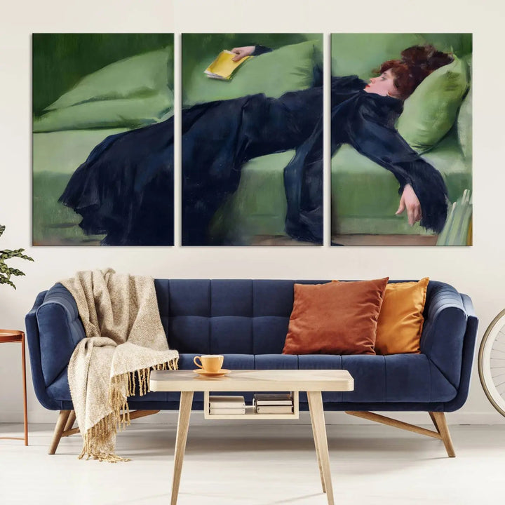 The "Decadent Girl by Ramon Casas" wall art canvas print, also known as the "Decadent Woman Resting," depicts a vintage scene of a woman reclining elegantly.