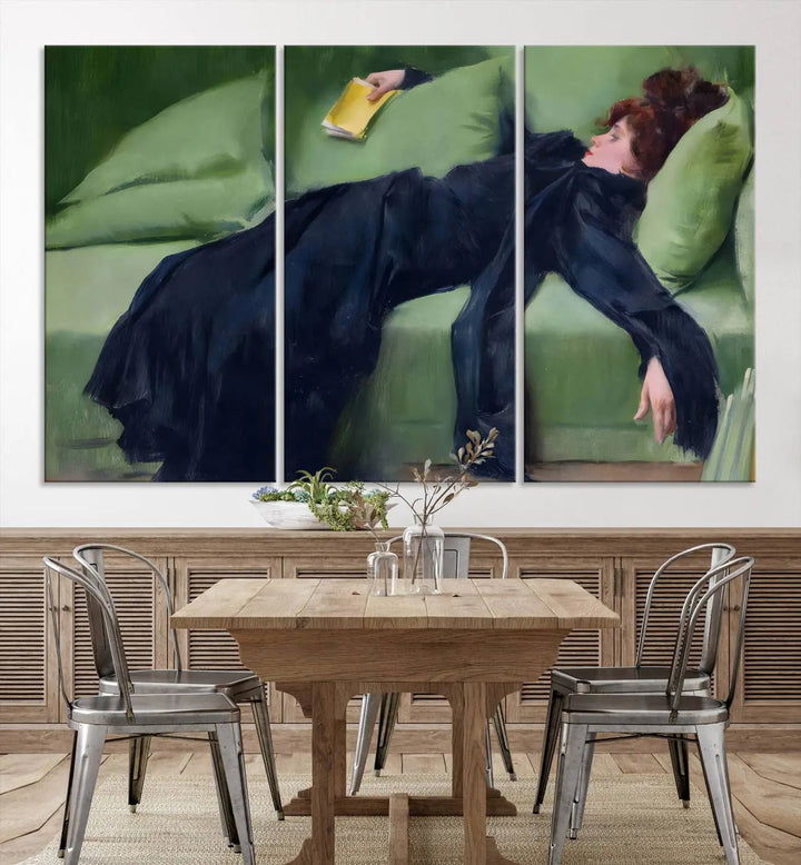 The "Decadent Girl by Ramon Casas" wall art canvas print, also known as the "Decadent Woman Resting," depicts a vintage scene of a woman reclining elegantly.