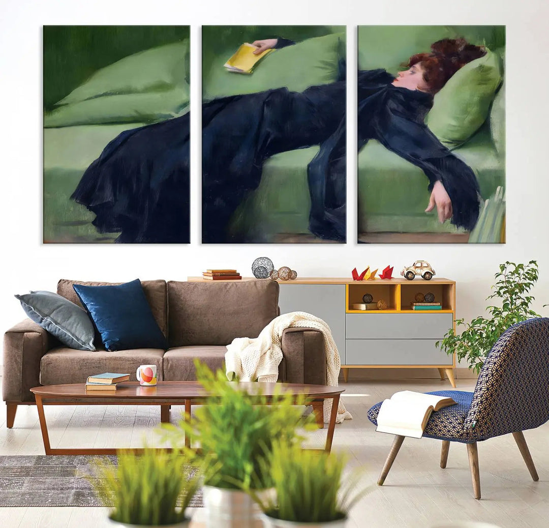 The "Decadent Girl by Ramon Casas" wall art canvas print, also known as the "Decadent Woman Resting," depicts a vintage scene of a woman reclining elegantly.