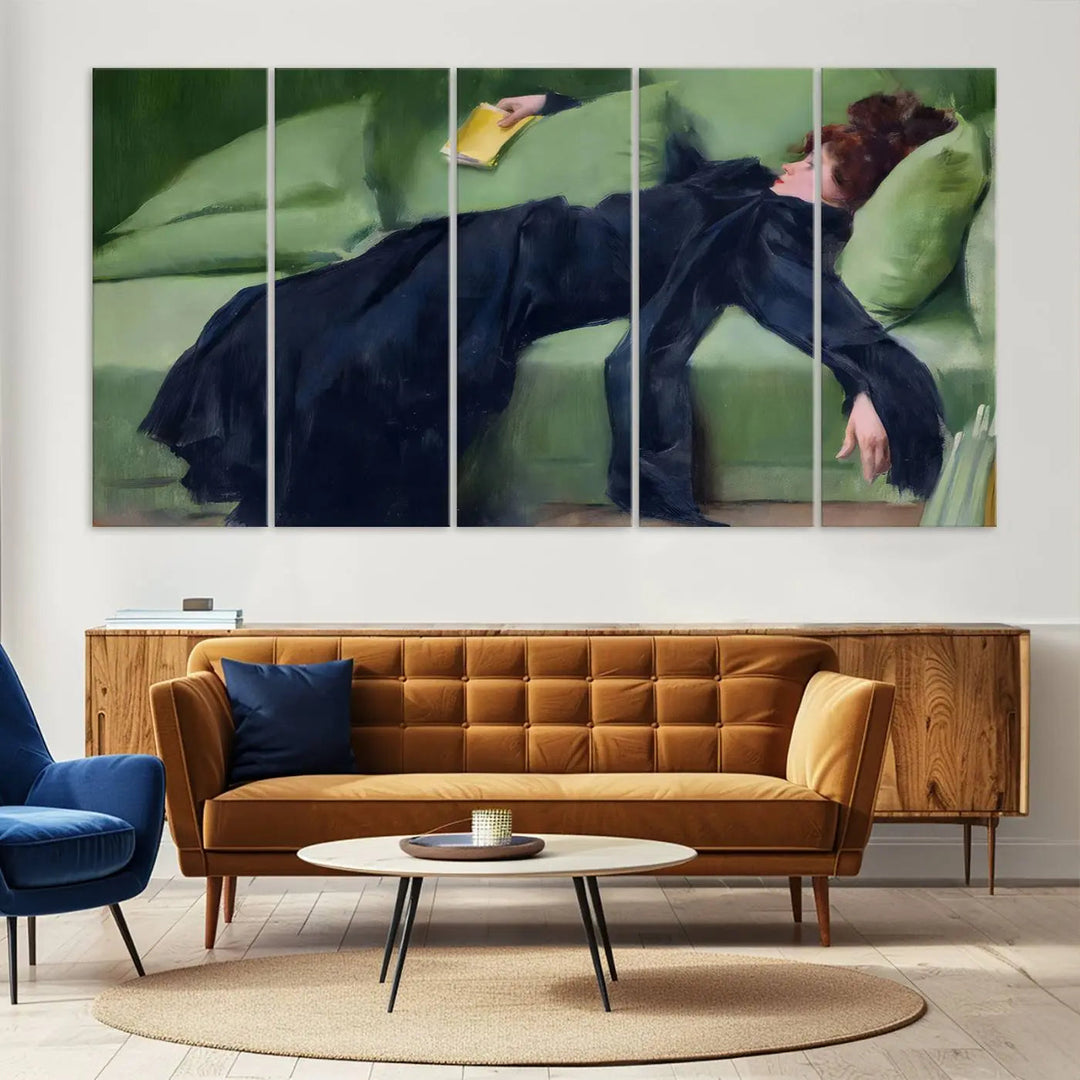 The "Decadent Girl by Ramon Casas" wall art canvas print, also known as the "Decadent Woman Resting," depicts a vintage scene of a woman reclining elegantly.