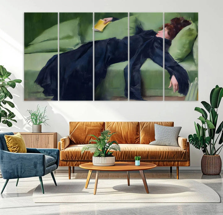 The "Decadent Girl by Ramon Casas" wall art canvas print, also known as the "Decadent Woman Resting," depicts a vintage scene of a woman reclining elegantly.