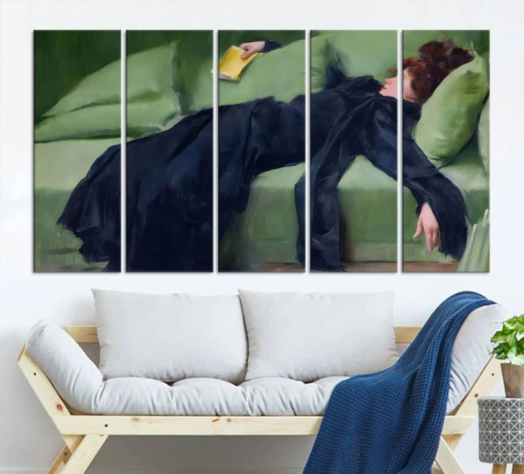 The "Decadent Girl by Ramon Casas" wall art canvas print, also known as the "Decadent Woman Resting," depicts a vintage scene of a woman reclining elegantly.